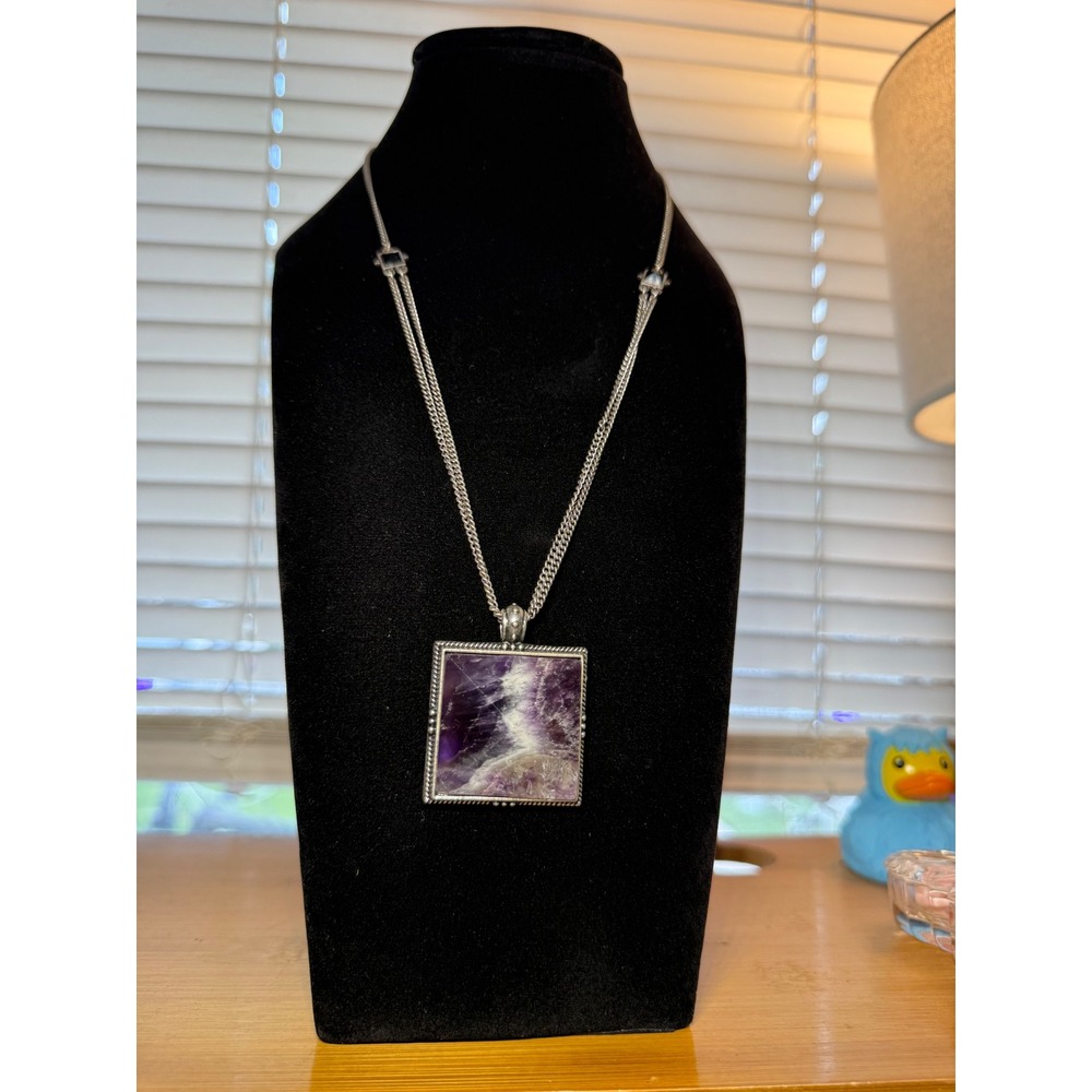 Lucky Brand Amethyst Square Pendant Necklace Silver Tone Bird Detail Statement